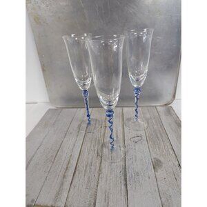 Pier 1 Set of 3 Wine Champagne Glasses 9 1/4" Tall Blue Ribbon Stem